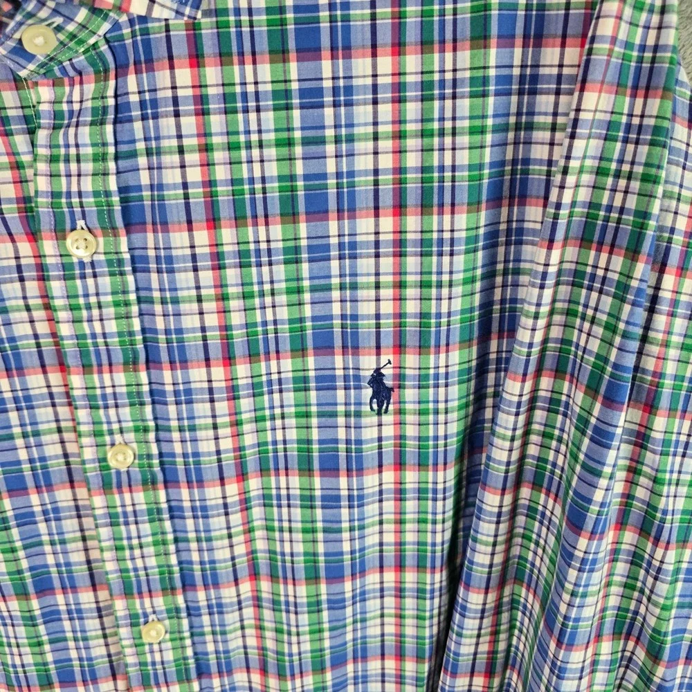 Polo Ralph Lauren Mens XL Classic Fit Plaid Button Down Shirt Blue Green Stretch